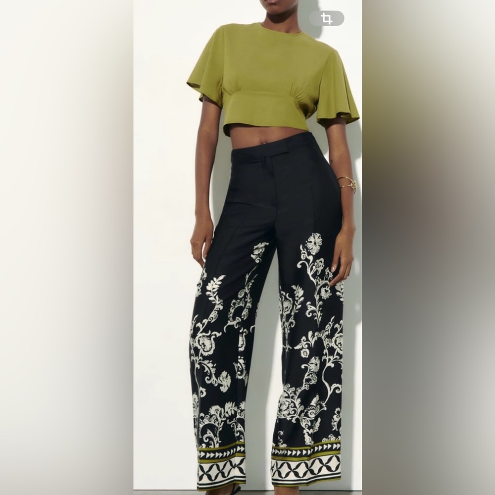 Zara Black and White Floral Wide Leg Pants